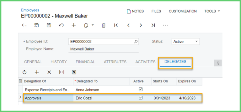 Delegations can be managed centrally by Human Resources or System Administrators on the Employees screen.